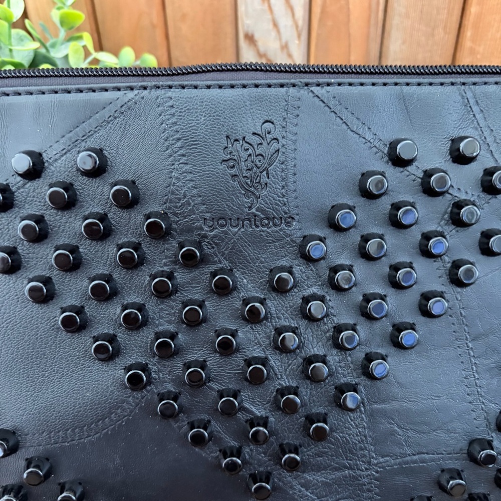 Edgy Black Leather Studded Clutch Crossbody Bag Wristlet Boho by Younique - Picture 3 of 8